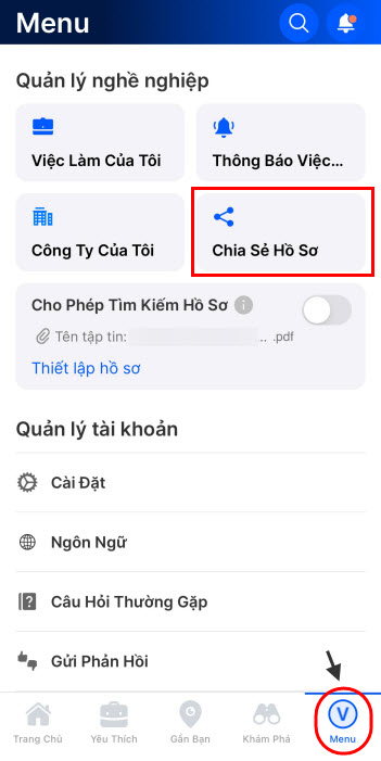 Chọn Menu, nhấp vào Chia Sẻ Hồ Sơ